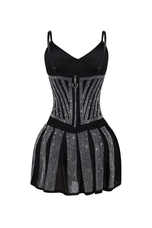 Marie Mesh Rhinestone Pleated Mini Dress